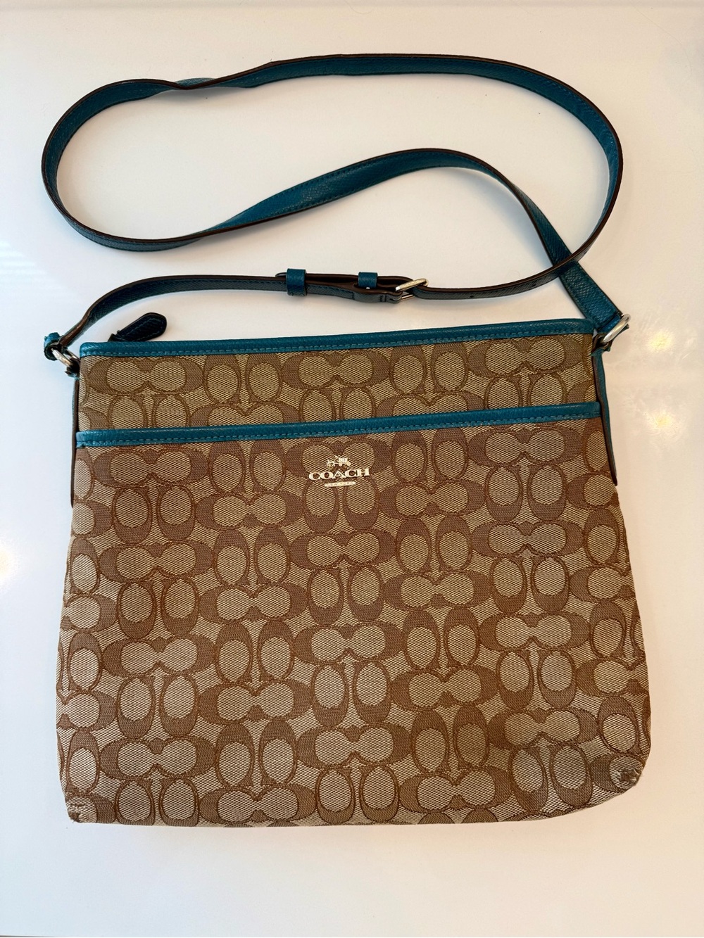 Coach Brown Signature Canvas File Crossbody with Teal Trim